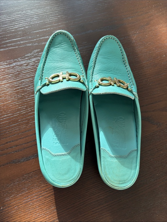 Salvatore Ferragamo Shoes - Salvatore Ferragamo Turquoise Leather Bit-Detail Slip-On Loafers